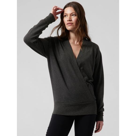 ATHLETA Purana V Neck Wrap Sweatshirt Dark Gray Model Fleece Size Small S - Picture 1 of 11